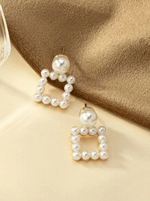 Faux Pearl Square Drop Earrings - White - View 2