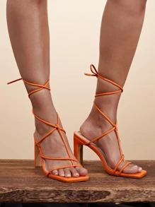 Neon Orange Chunky Heeled Thong Sandals - Orange - View 2