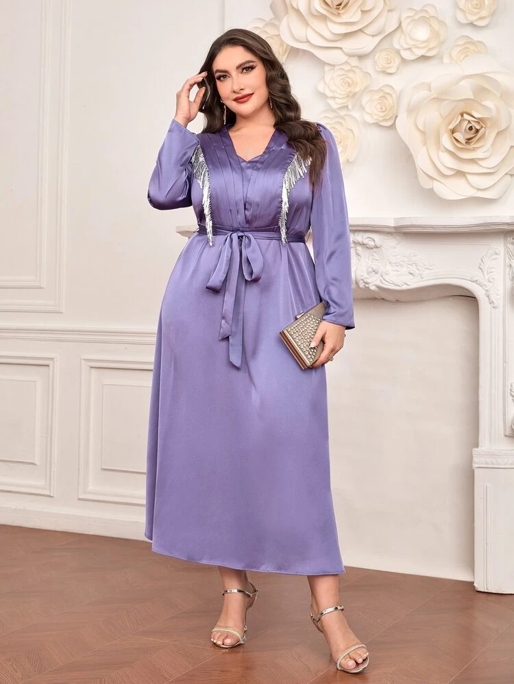 Plus Fringe Trim Belted Satin Dress