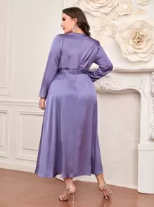 Modelyn Plus Fringe Trim Belted Satin Dress - Violet Purple - View 3