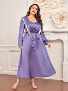 Modelyn Plus Fringe Trim Belted Satin Dress - Violet Purple - View 1