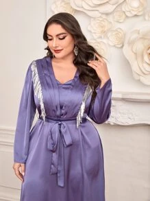 Modelyn Plus Fringe Trim Belted Satin Dress - Violet Purple - View 4