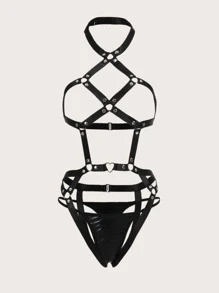 ROMWE Grunge Punk 哥特式环链背带泰迪紧身衣和丁字裤内衣 - 黑色 - 查看 4