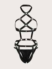 ROMWE Grunge Punk 哥特式环链背带泰迪紧身衣和丁字裤内衣 - 黑色 - 查看 2