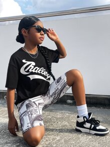 SHEIN Bộ hai mảnh Gái Lá thư Đồ họa Giải trí - Đen và trắng - Xem 1