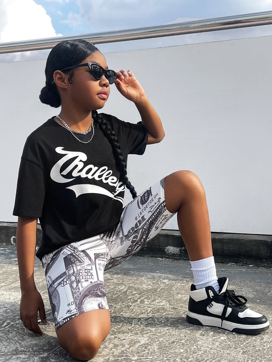 SHEIN Bộ hai mảnh Gái Lá thư Đồ họa Giải trí - Đen và trắng - Xem 1