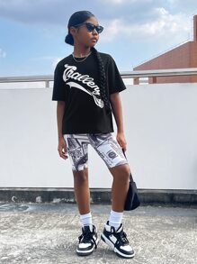 SHEIN Bộ hai mảnh Gái Lá thư Đồ họa Giải trí - Đen và trắng - Xem 3