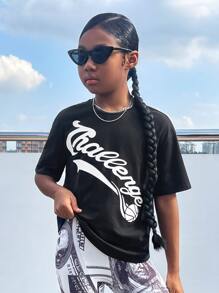 SHEIN Bộ hai mảnh Gái Lá thư Đồ họa Giải trí - Đen và trắng - Xem 5