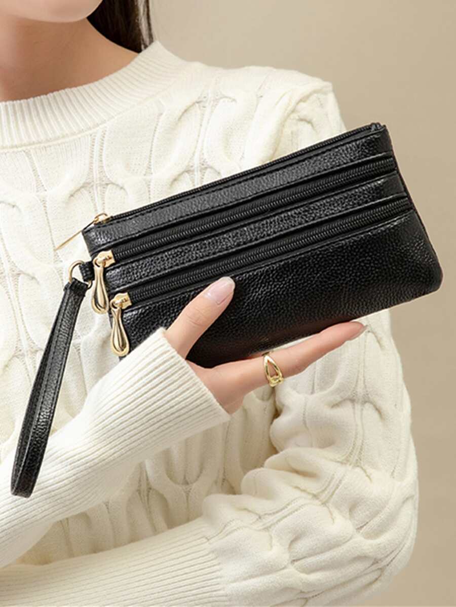 Litchi Pattern Long Clutch Multilayer Wallet Women Purse Wristlet Wallet - Black - View 1