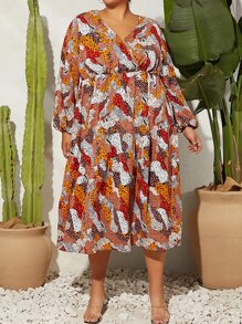 SHEIN CURVE+ Plus Allover Print Lantern Sleeve Ruffle Hem Dress - Multicolor - View 2