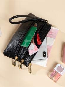 Litchi Pattern Long Clutch Multilayer Wallet Women Purse Wristlet Wallet - Black - View 4