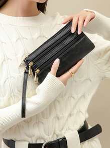 Litchi Pattern Long Clutch Multilayer Wallet Women Purse Wristlet Wallet - Black - View 6