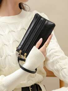 Litchi Pattern Long Clutch Multilayer Wallet Women Purse Wristlet Wallet - Black - View 7
