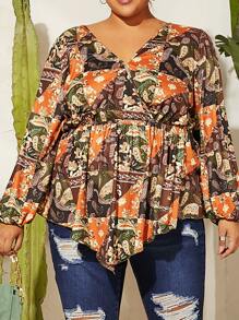 SHEIN CURVE+ Plus Patchwork Floral Print Surplice Front Peplum Blouse - Multicolor - View 4