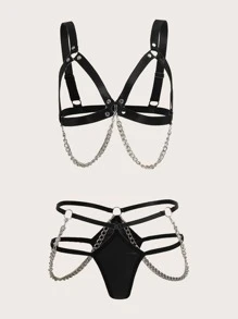ROMWE Grunge Punk Set de lencería con diseño de cadena arnés - Negro - Ver 5