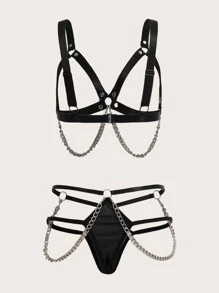 ROMWE Grunge Punk Set de lencería con diseño de cadena arnés - Negro - Ver 2