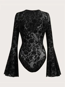 ROMWE Goth Floral Print Flounce Sleeve Teddy Bodysuit - Black - View 3
