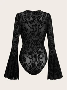 ROMWE Goth Floral Print Flounce Sleeve Teddy Bodysuit - Black - View 5