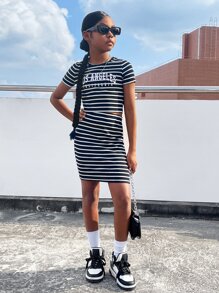 SHEIN Tween Girl Striped & Letter Graphic Crop Tee & Skirt - Black and White - View 3