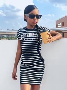 SHEIN Tween Girl Striped & Letter Graphic Crop Tee & Skirt - Black and White - View 5