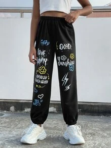 SHEIN Girls Letter Graphic Joggers - Black - View 1