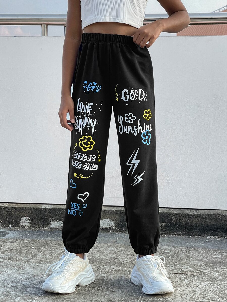 SHEIN Girls Letter Graphic Joggers - Black - View 1