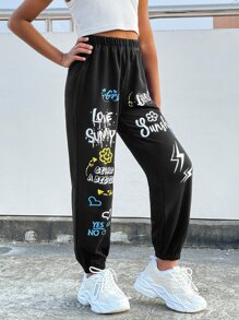 SHEIN Girls Letter Graphic Joggers - Black - View 4