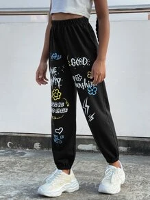 SHEIN Girls Letter Graphic Joggers - Black - View 5