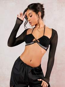 SHEIN BAE Top crop con diseño de diamante de imitación con cordón trasero - Negro - Ver 6