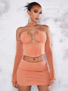SHEIN BAE Crisscross Tie Backless Crop Top & Bodycon Skirt