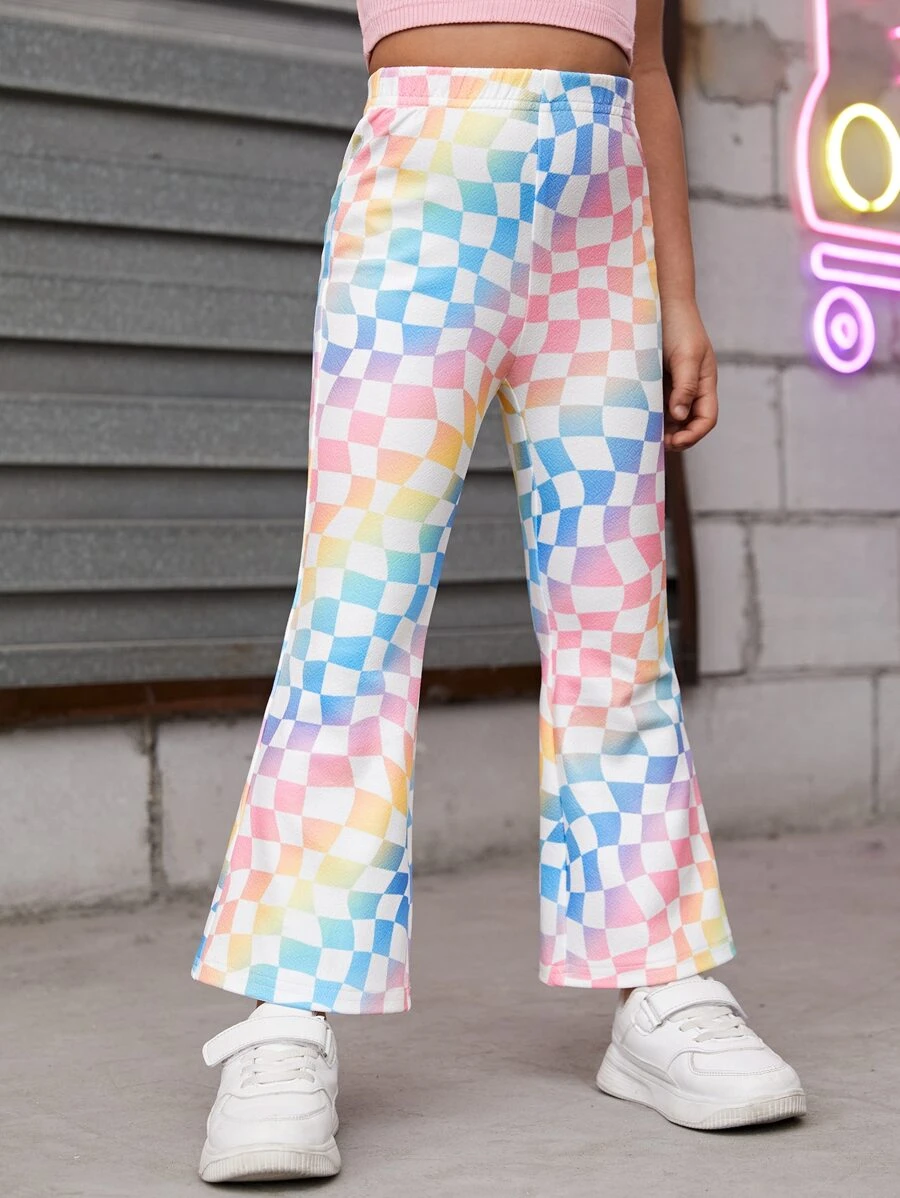 SHEIN Toddler Girls Checker Print Flare Leg Trousers - Multicolor - View 1
