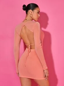 SHEIN BAE Solid Tie Backless Glitter Bodycon Dress - Coral Pink - View 1
