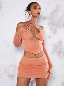 SHEIN BAE Crisscross Tie Backless Crop Top & Bodycon Skirt
