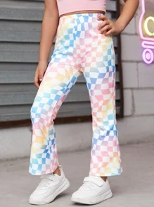 SHEIN Toddler Girls Checker Print Flare Leg Trousers - Multicolor - View 4