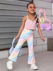 SHEIN Toddler Girls Checker Print Flare Leg Trousers - Multicolor - View 5