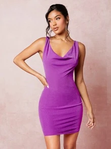 SHEIN BAE Draped Collar Tie Backless Solid Bodycon Dress - Purple - View 1