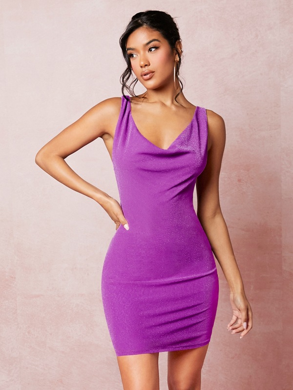 SHEIN BAE Draped Collar Tie Backless Solid Bodycon Dress SHEIN