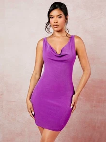 SHEIN BAE Draped Collar Tie Backless Solid Bodycon Dress - Purple - View 4
