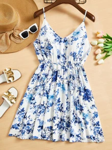 SHEIN VCAY Đầm Plus Size Hoa Tất cả trên in Boho - Xanh và trắng - Xem 1