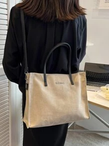 字母圖案單肩托特包 - 卡其色 - 查看 2