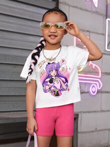 SHEIN 小女童卡通圖案落肩T恤 - 白色 - 查看 1