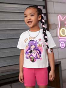 SHEIN 小女童卡通圖案落肩T恤 - 白色 - 查看 3