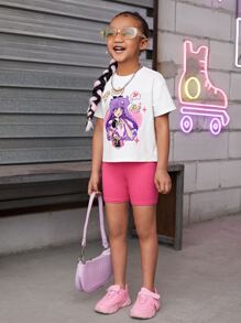 SHEIN 小女童卡通圖案落肩T恤 - 白色 - 查看 4