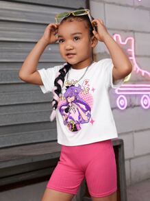 SHEIN 小女童卡通圖案落肩T恤 - 白色 - 查看 5