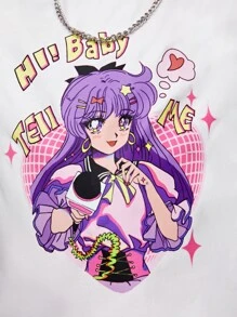 SHEIN 小女童卡通圖案落肩T恤 - 白色 - 查看 6