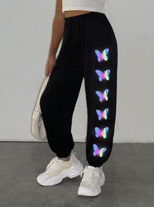 Chicas Pantalones deportivos reflectante con estampado de mariposa - Negro - Ver 5