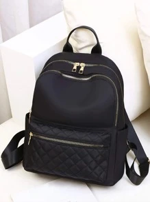 Quilted Design Functional Backpack Quilted Detail Zipper Backpack, Women's Solid Color Bookbag, Casual School Bag For Student - Black - View 1