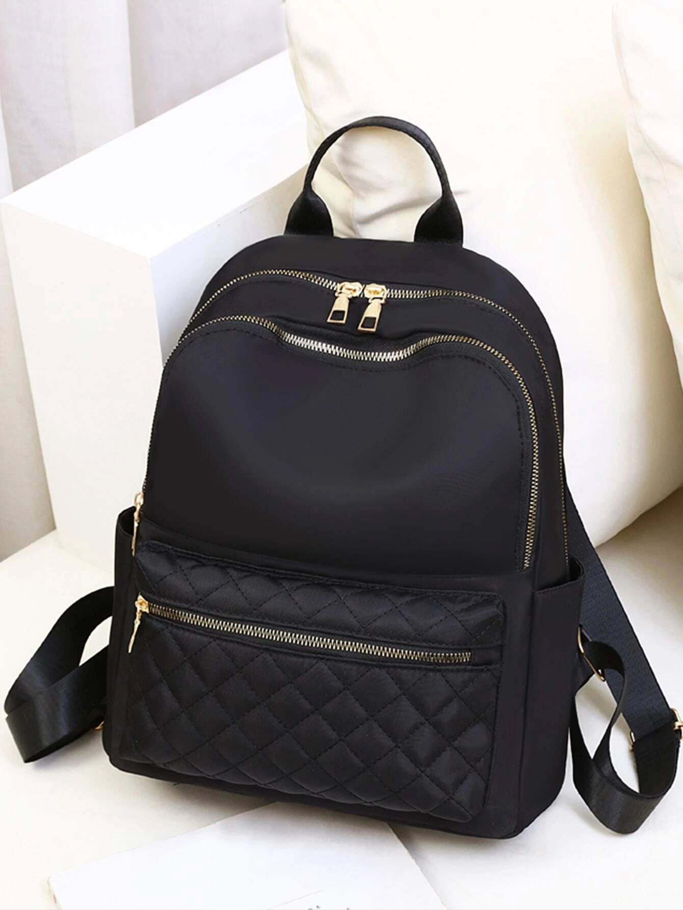 Quilted Design Functional Backpack Quilted Detail Zipper Backpack, Women's Solid Color Bookbag, Casual School Bag For Student - Black - View 1