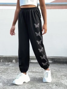 Chicas Pantalones deportivos reflectante con estampado de mariposa - Negro - Ver 3
