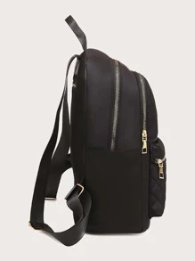 Quilted Design Functional Backpack Quilted Detail Zipper Backpack, Women's Solid Color Bookbag, Casual School Bag For Student - Black - View 4